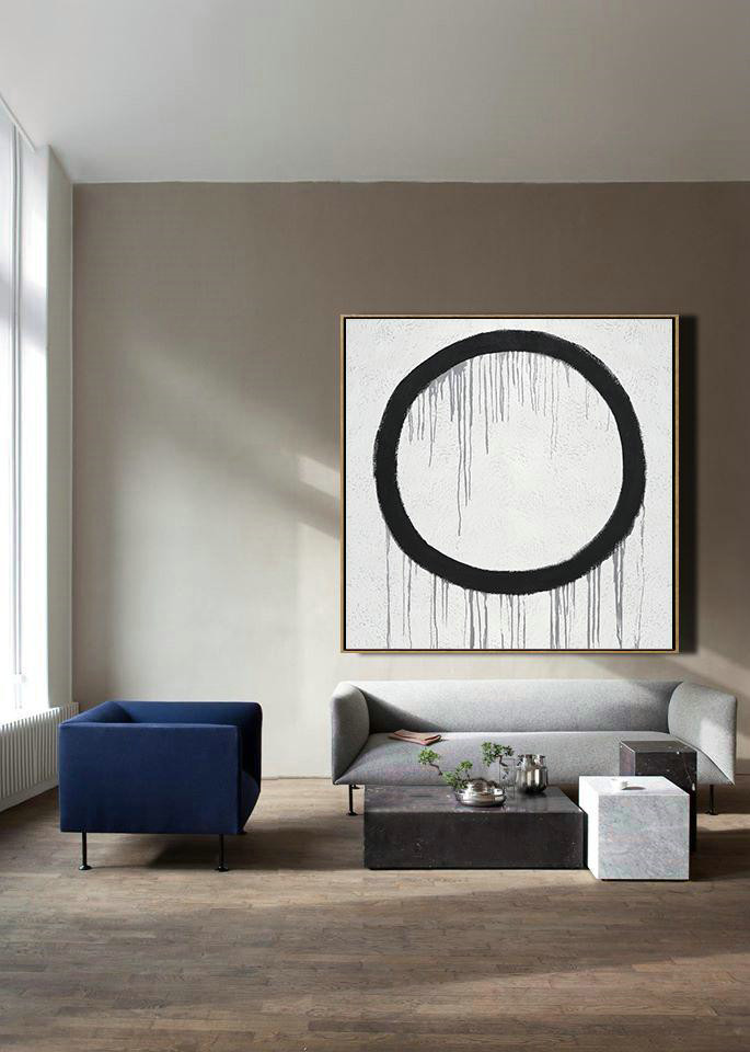 Hand Painted Extra Large Abstract Painting,Minimalist Drip Painting On Canvas, Black, White, Grey - Hand Paint Abstract Painting
